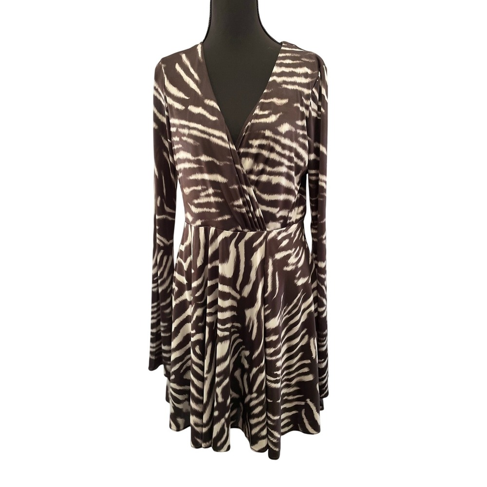 Zara Wrap Mini Dress Womens Large Brown Zebra Print‎ Long Bell Sleeve V-Neck